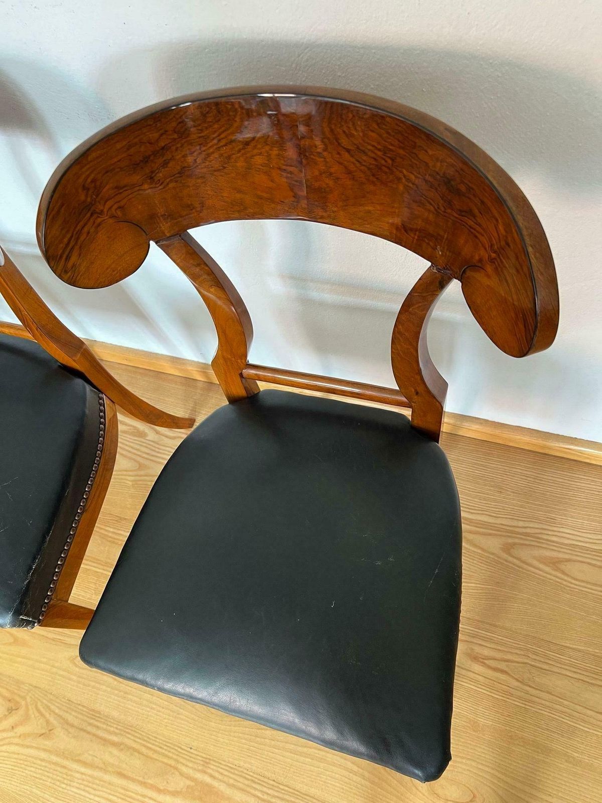 Biedermeier Shovel Chair, Walnut Veneer, Black Leather, Austria Circa 1820 photo for sale