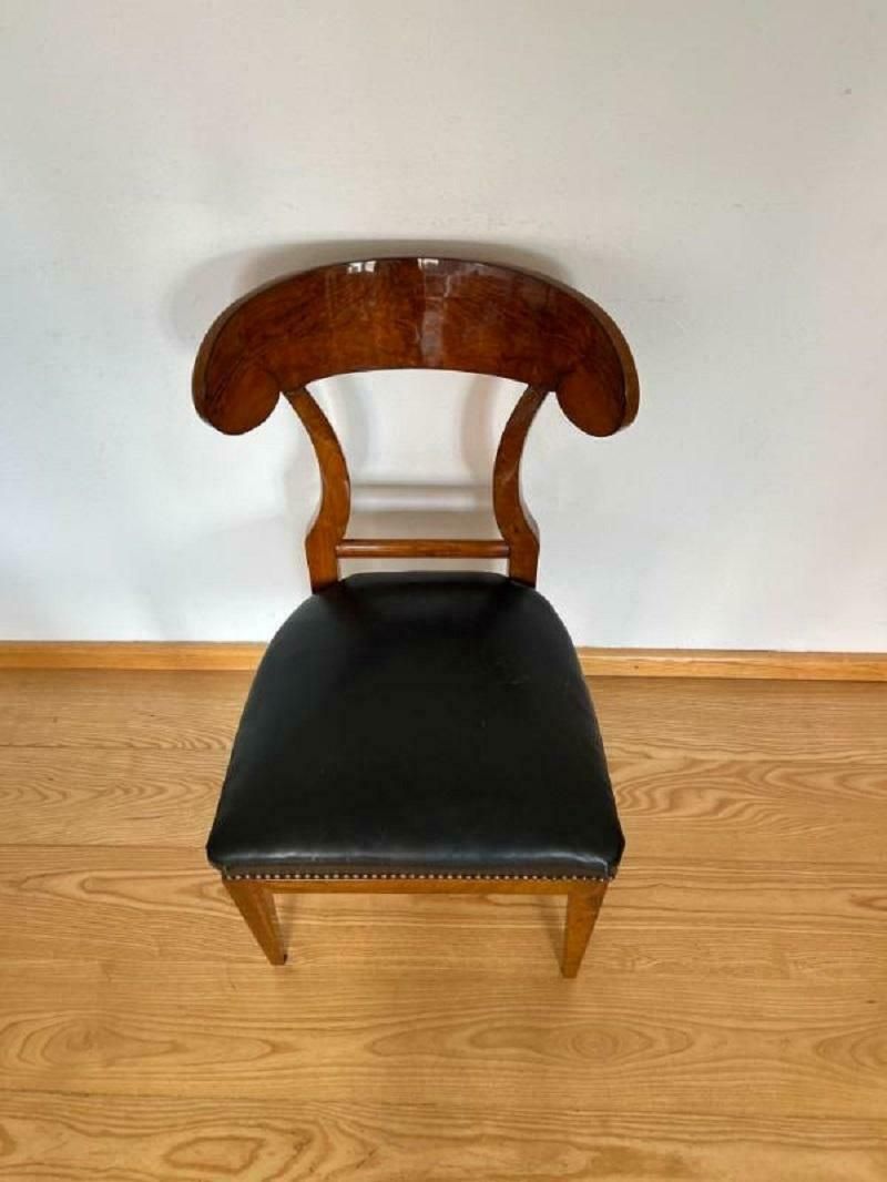 Biedermeier Shovel Chair, Walnut Veneer, Black Leather, Austria Circa 1820 photo vintage
