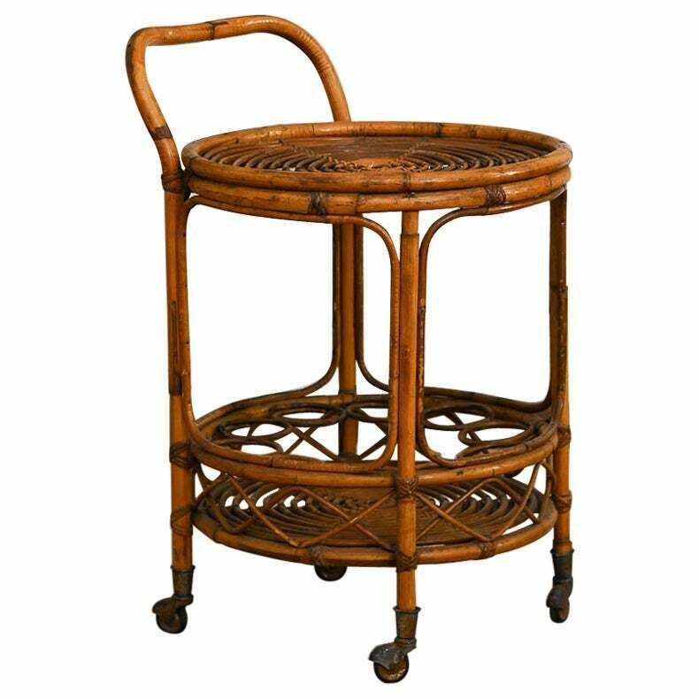 Set Of Bamboo Cane Cart And Circular Side Table, 1960s