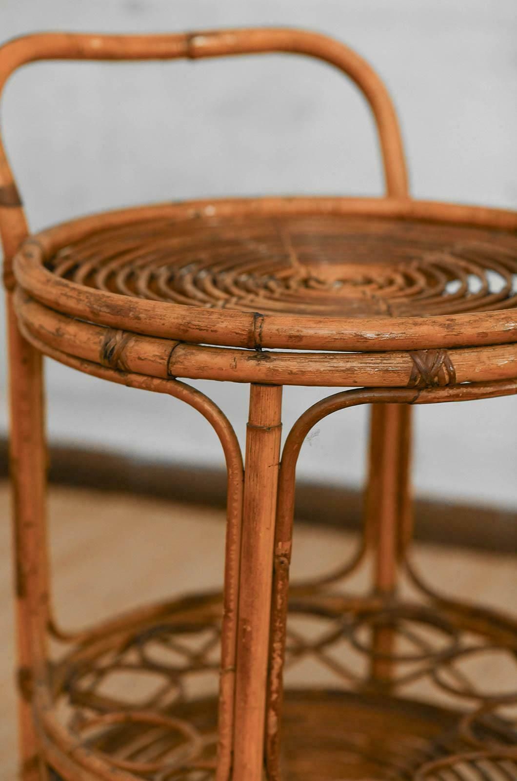 Set Of Bamboo Cane Cart And Circular Side Table, 1960s photo 1444.0