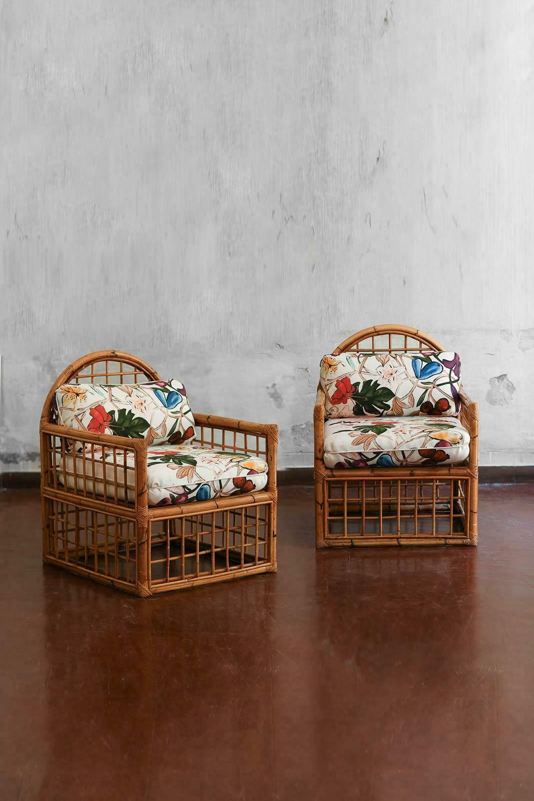 Pair Of Armchairs With Arched Backrest And Woven Bamboo, 1970s photo furniture