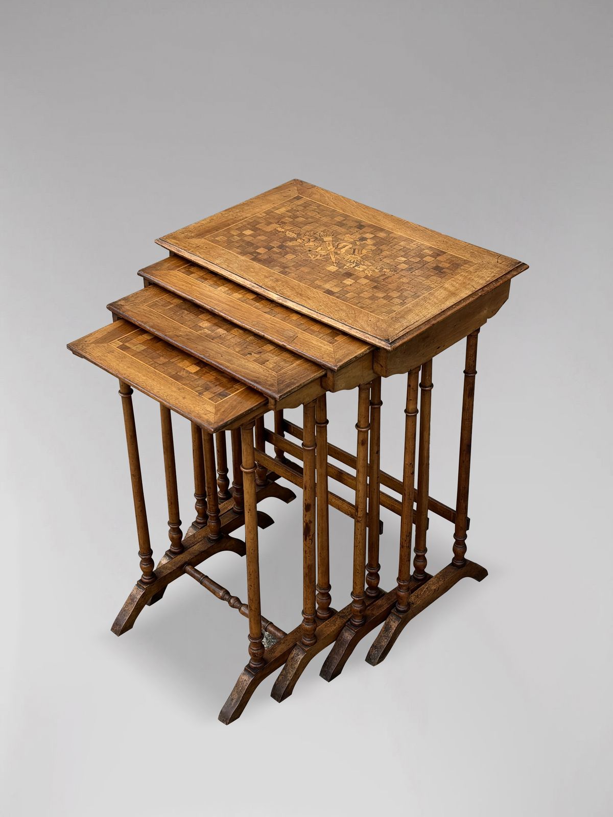Antique French Walnut Parquetry & Floral Inlay Nest Of Four Tables photo for sale
