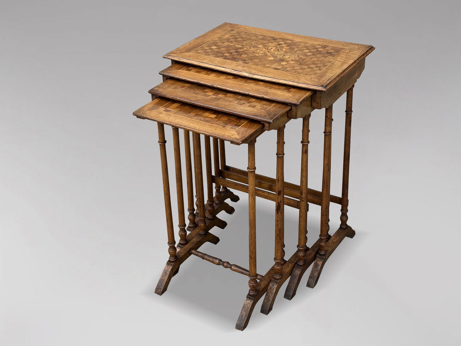 Antique French Walnut Parquetry & Floral Inlay Nest Of Four Tables