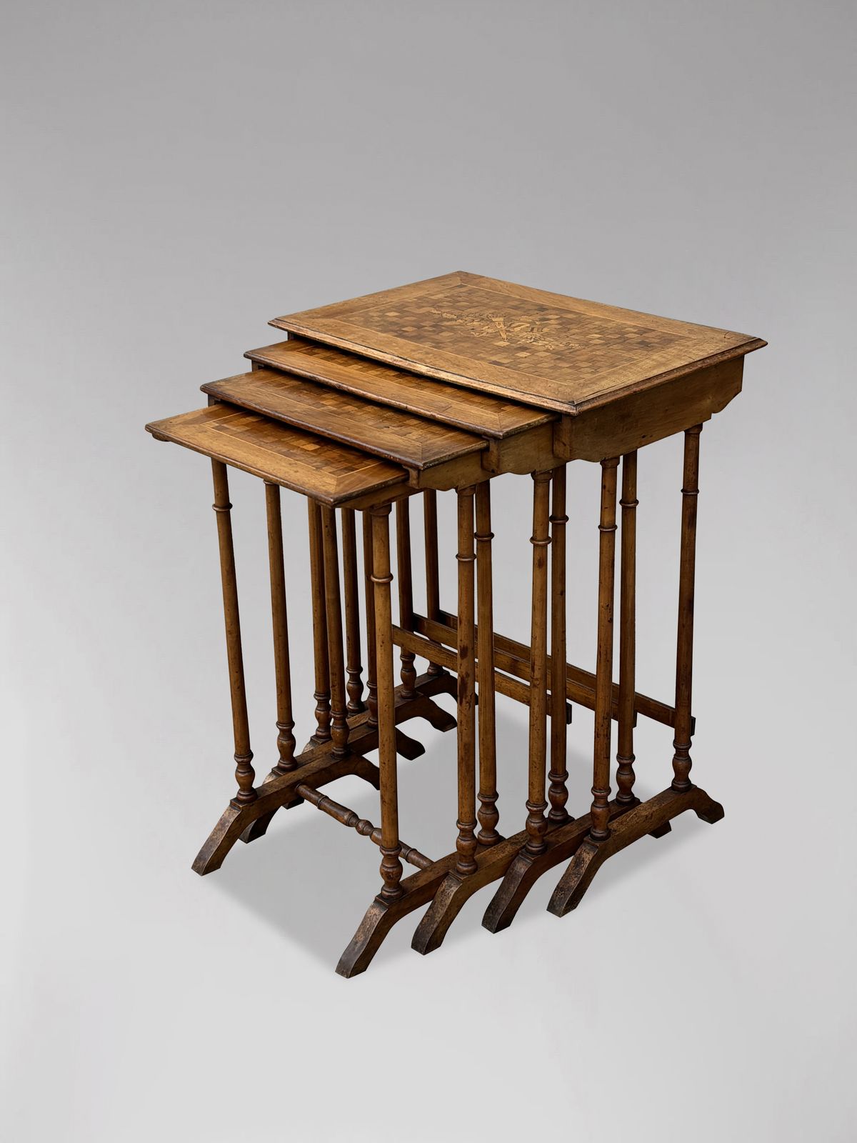 Antique French Walnut Parquetry & Floral Inlay Nest Of Four Tables photo vinterior