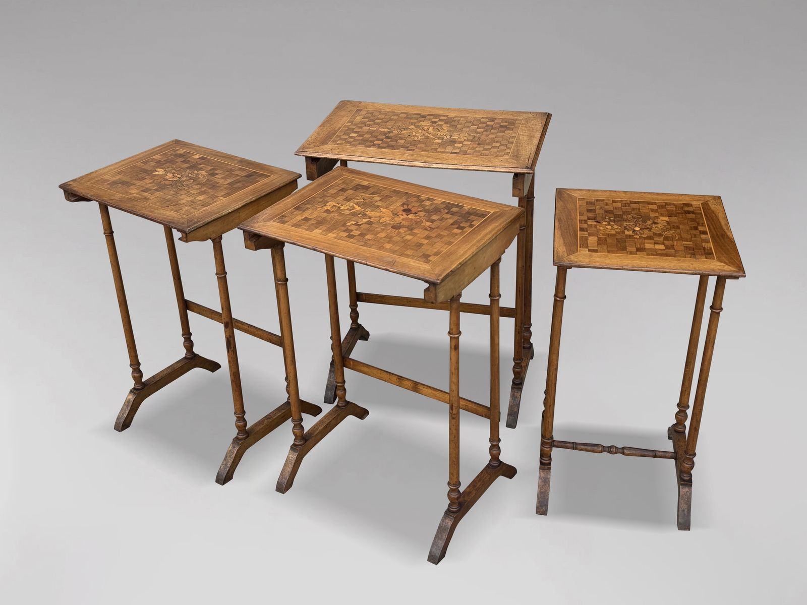 photo furniture Antique French Walnut Parquetry & Floral Inlay Nest Of Four Tables