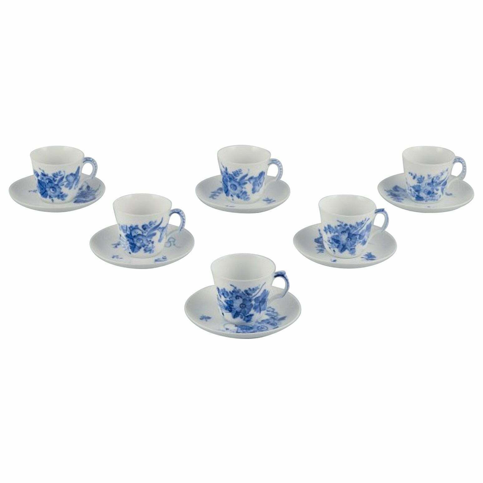 Royal Copenhagen Blue Flower Curved. Set Of Six Coffee Cups With  Saucers.