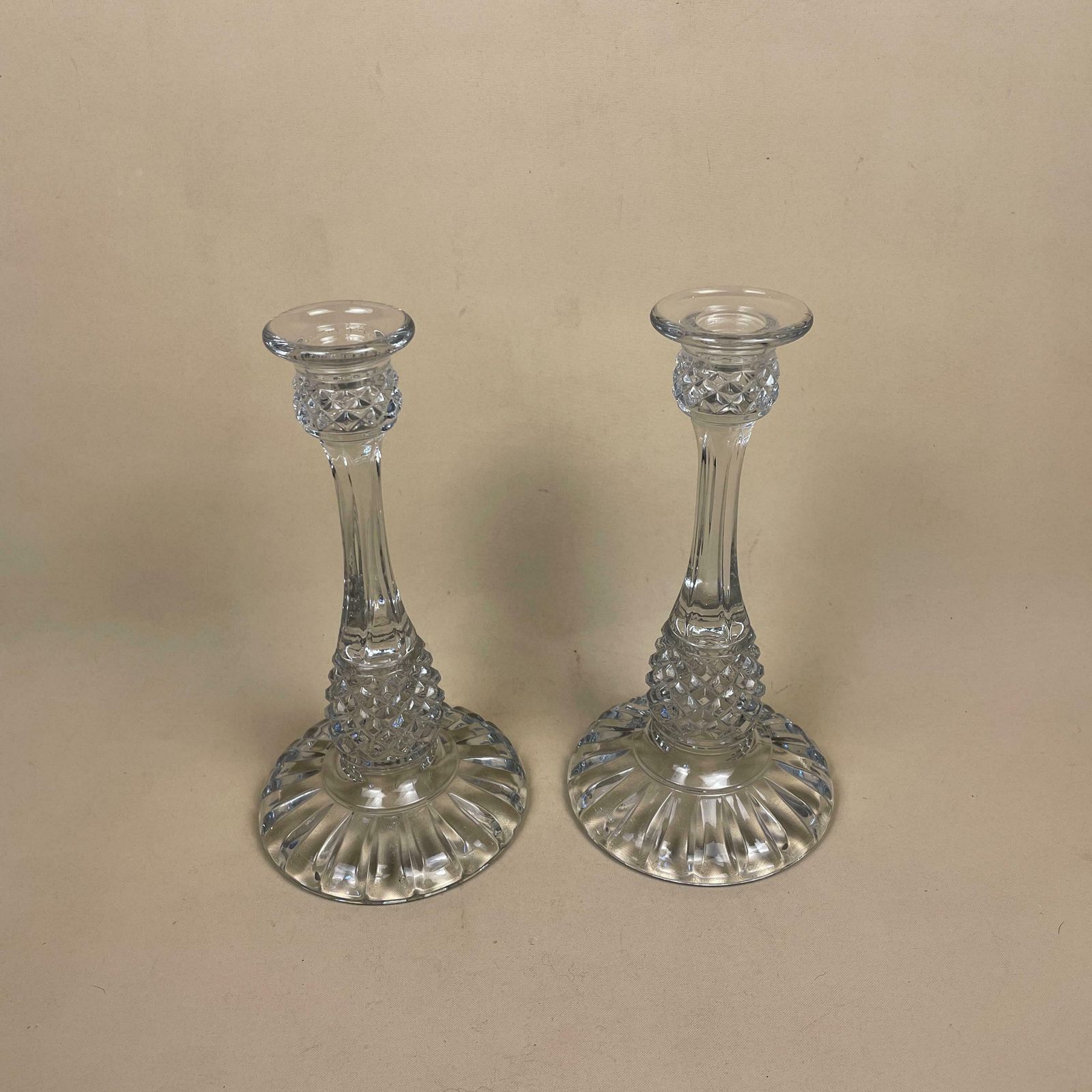 Vintage Pair Of Matching Clear Glass Candlestick Candle Stick Holder Lights Vintage Taper Dinner Candlesticks Chandelier Round Base Retro photo for sale