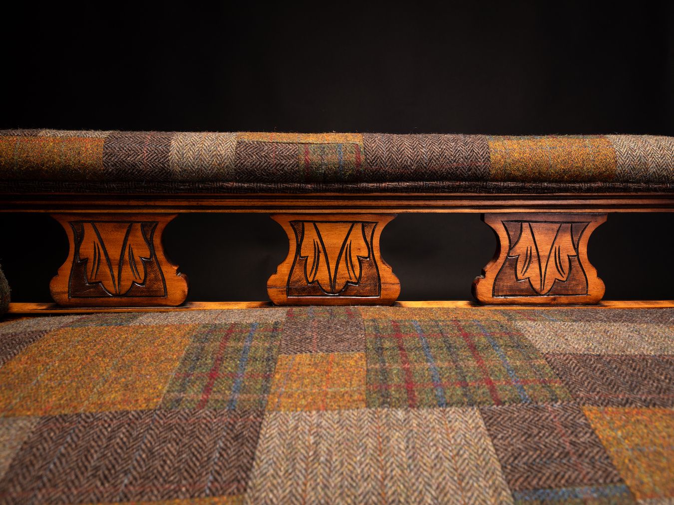 Antique Mahogany Chaise Lounge Upholstered In Handcrafted Harris Tweed Patchwork photo vintage