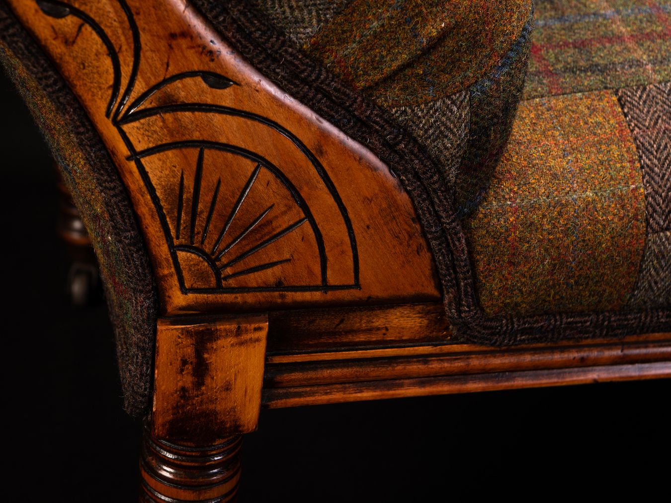 5000.0 Antique Mahogany Chaise Lounge Upholstered In Handcrafted Harris Tweed Patchwork photo