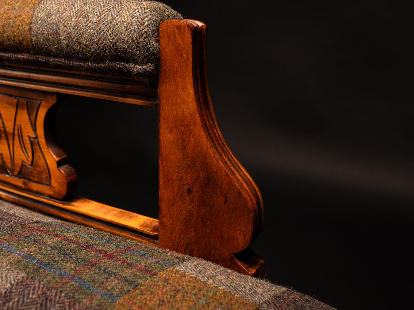 photo buy Antique Mahogany Chaise Lounge Upholstered In Handcrafted Harris Tweed Patchwork