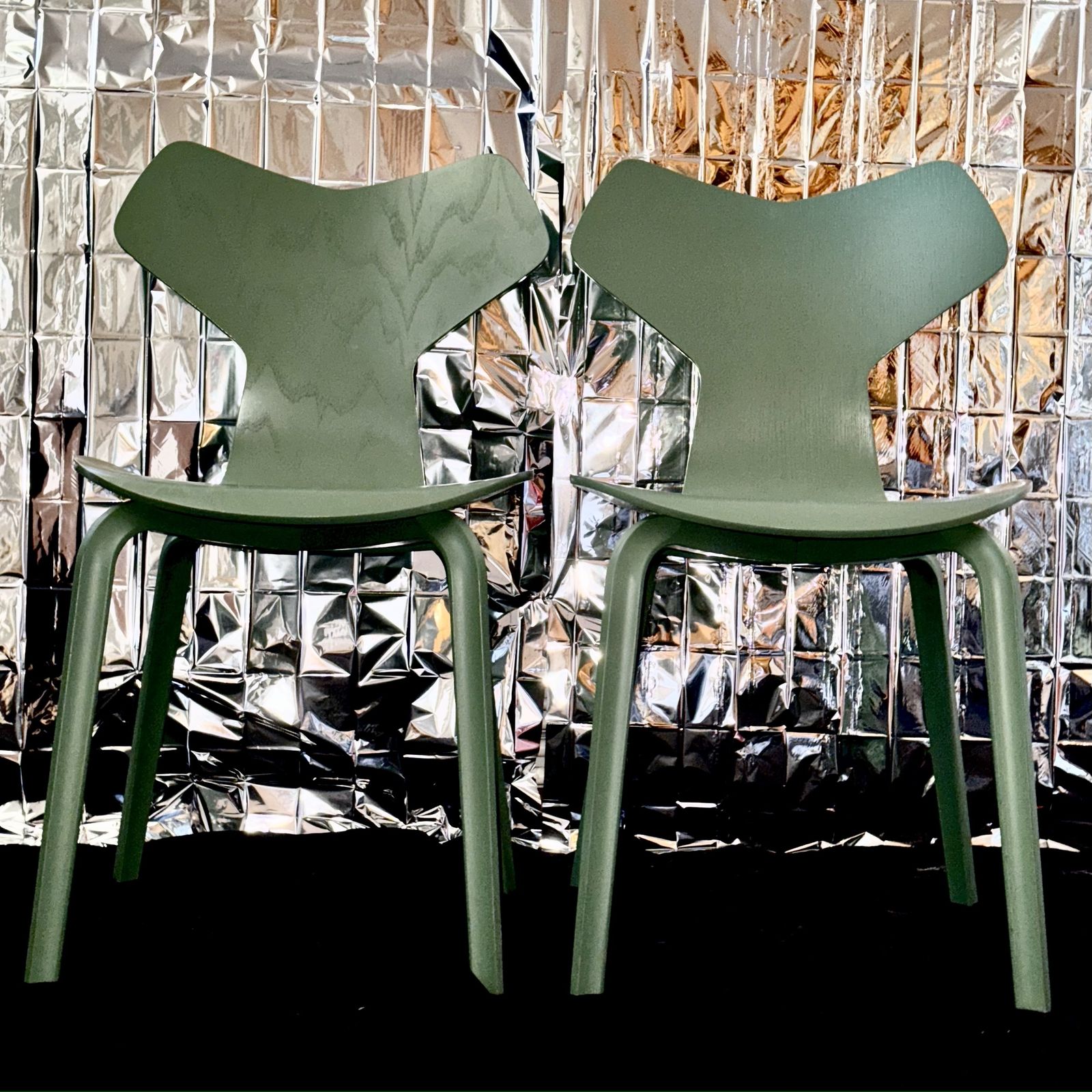 Pair Of Grand Prix Chairs In Sage Green, By Arne Jacobsen For Fritz Hansen photo buy
