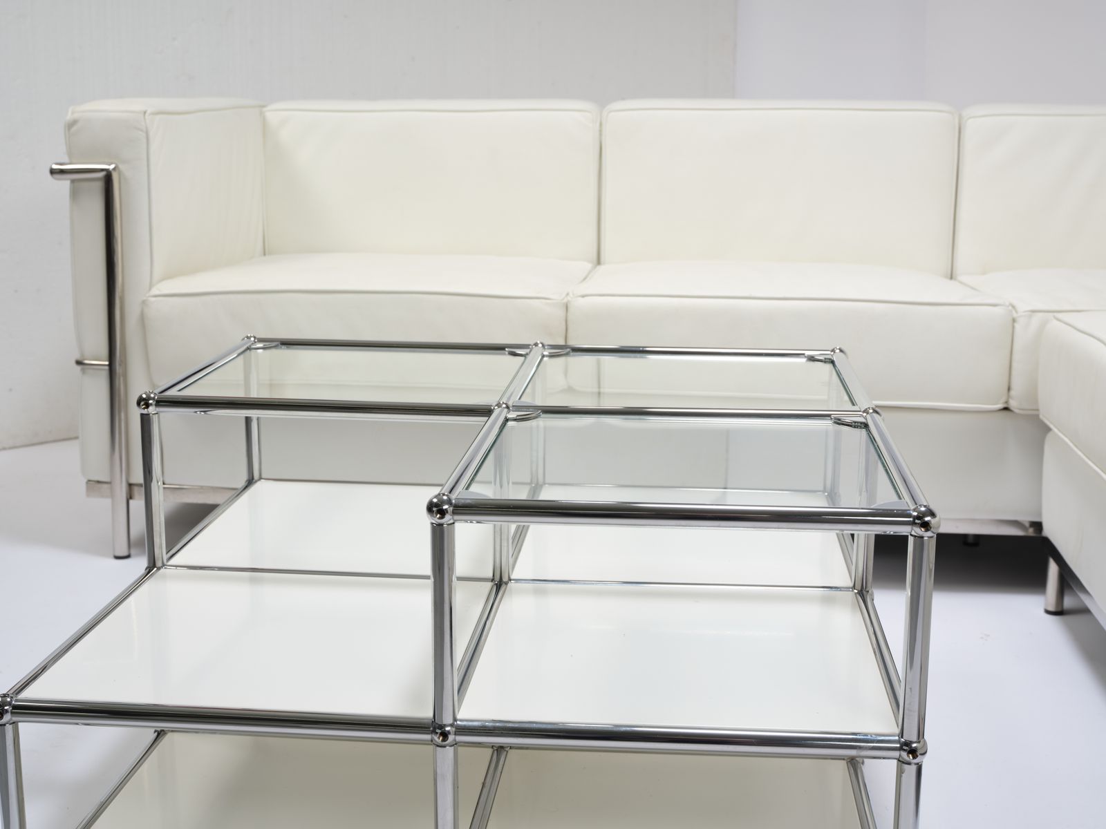 photo buy Beautiful White Leather & Chrome Tubular Steel ‘L’ Shaped Mcm Sofa In The Manner Of Le Corbusier, France Circa 2000