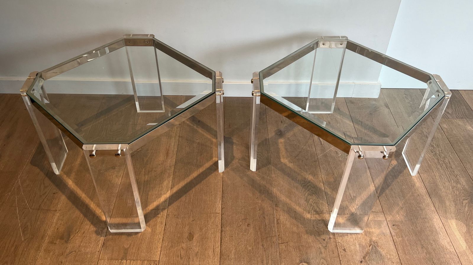 Pair Of Octagonal Plexiglass And Chrome Sofa End Tables From Maison Jansen photo furniture