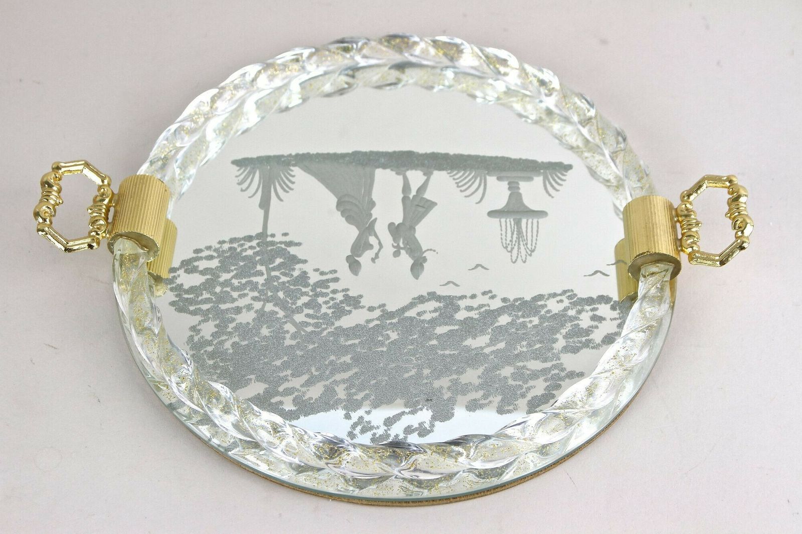 Venetian Murano Glass Tray With Engravings, 24k Gold Flakes, It Ca. 1960 photo buy