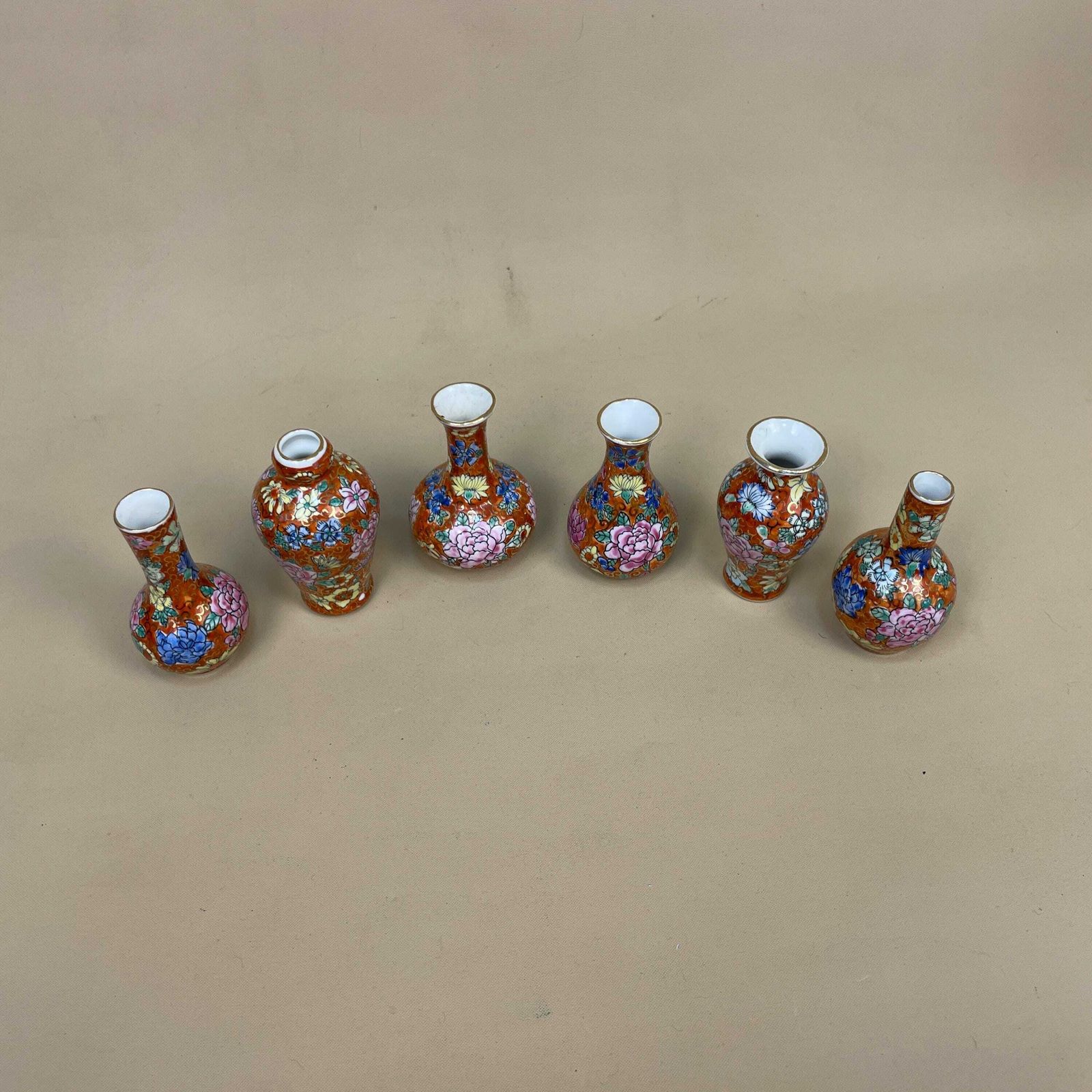 Set Of 6 Miniature Oriental Chinese Ceramic Porcelain Handmade Vase Small Floral Decorative Pot Antique Asian Painted Flower Red photo Home Decor