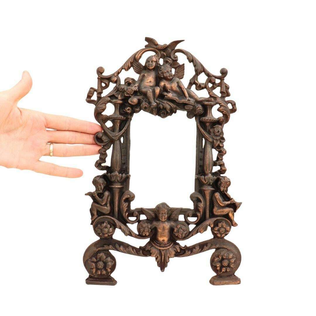 Antique Ornate Metal Picture Easel Frame Cherubs Decoration C 1910, Baroque Ornate Old Photo Frame
