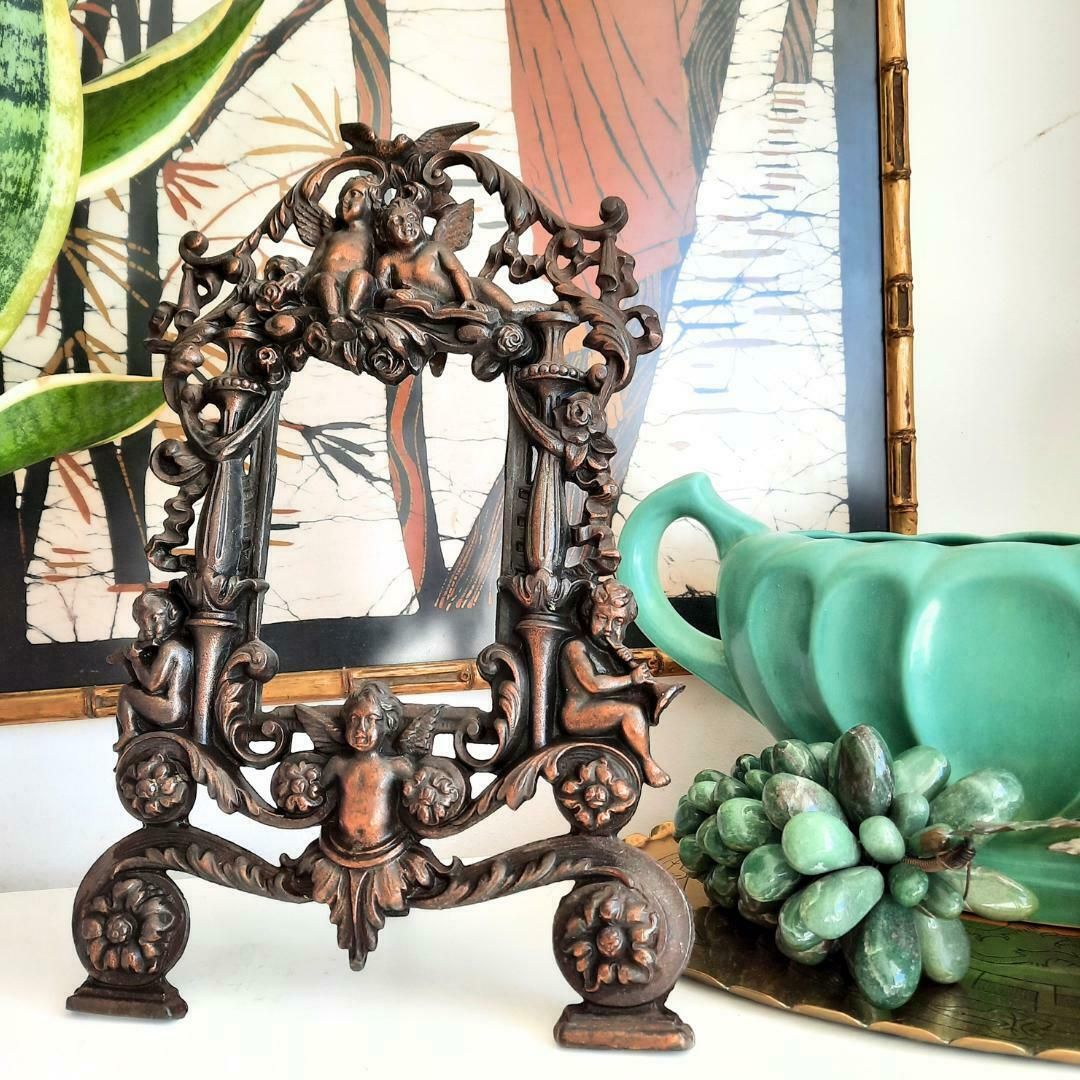 Antique Ornate Metal Picture Easel Frame Cherubs Decoration C 1910, Baroque Ornate Old Photo Frame photo furniture