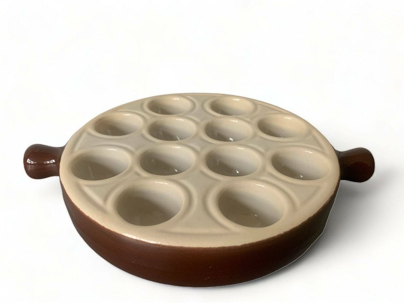 Snails Plate | Snaile Dish | Ceramic | Emile Henry | France | Escargots | Brown | Beige | Sixties | Porcelain | 12 Holes