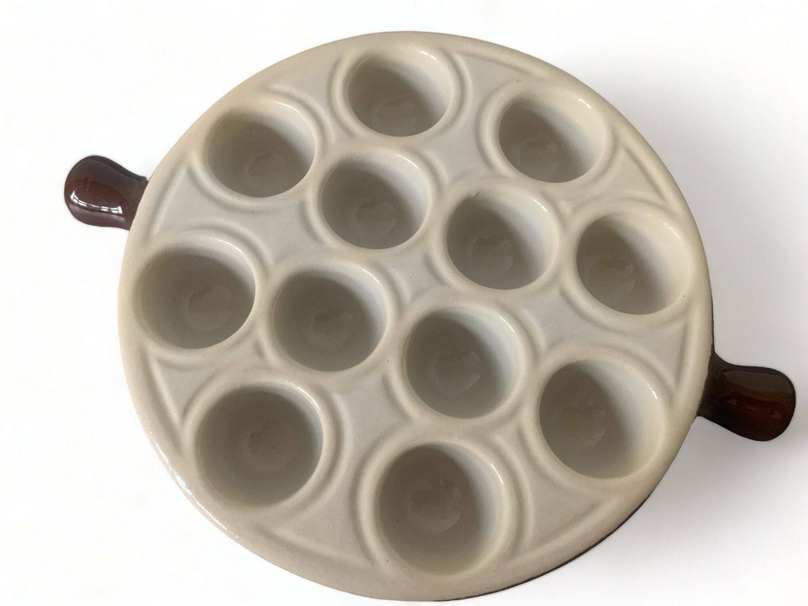 Snails Plate | Snaile Dish | Ceramic | Emile Henry | France | Escargots | Brown | Beige | Sixties | Porcelain | 12 Holes photo furniture