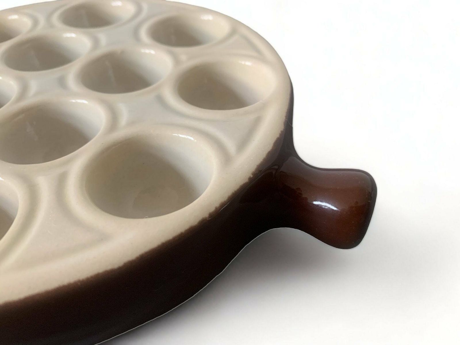 Snails Plate | Snaile Dish | Ceramic | Emile Henry | France | Escargots | Brown | Beige | Sixties | Porcelain | 12 Holes photo for sale