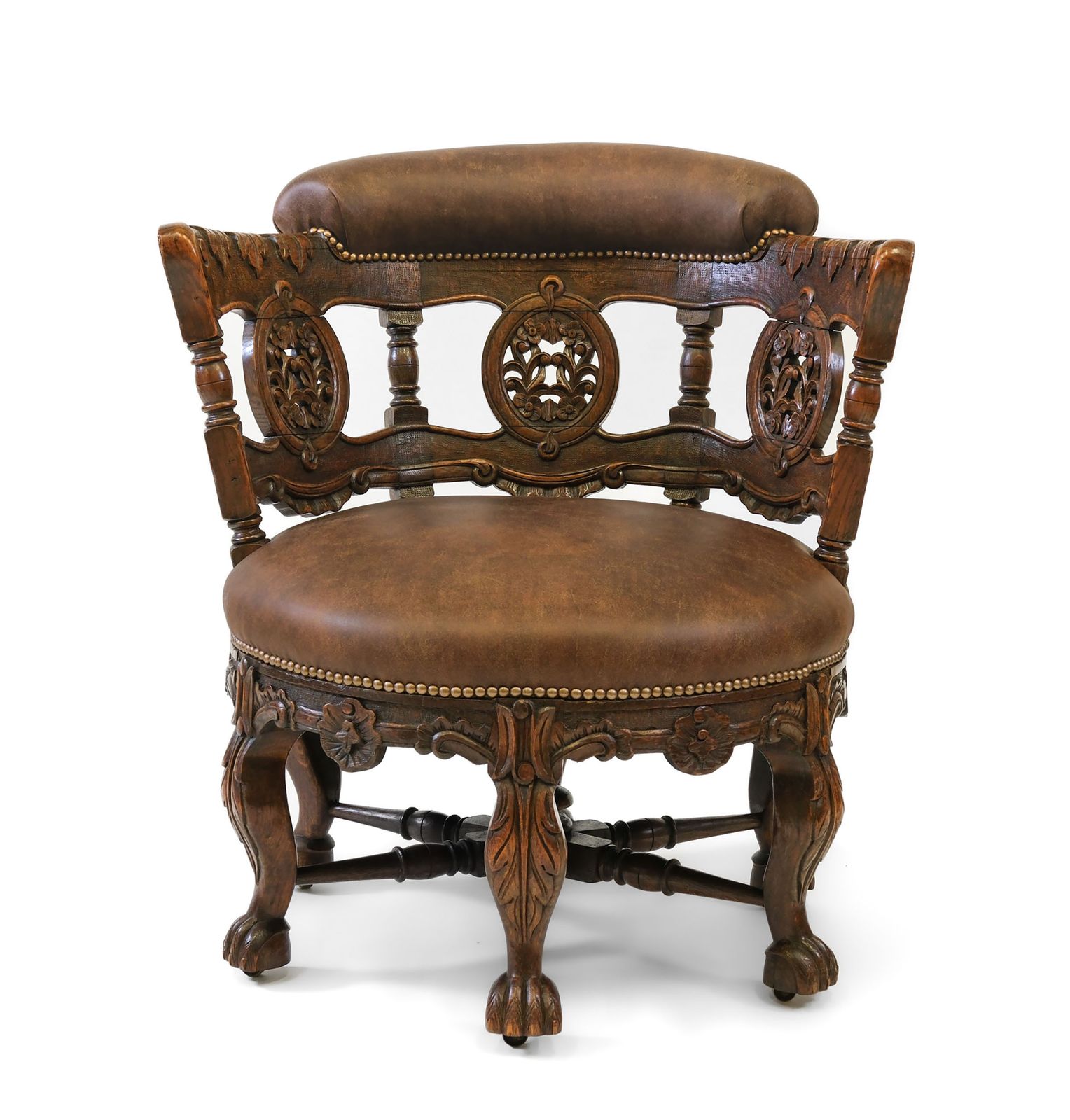 19th Century Oak & Leather Carved Burgermeister Chair