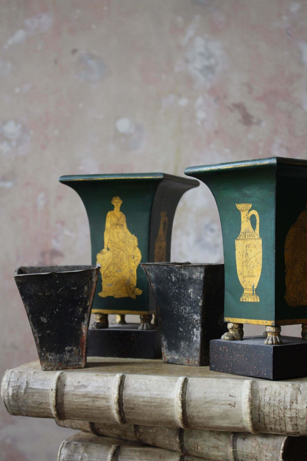 1695.0 Early 19th Century Pair Of Regency Toleware Green And Gilt Vases photo