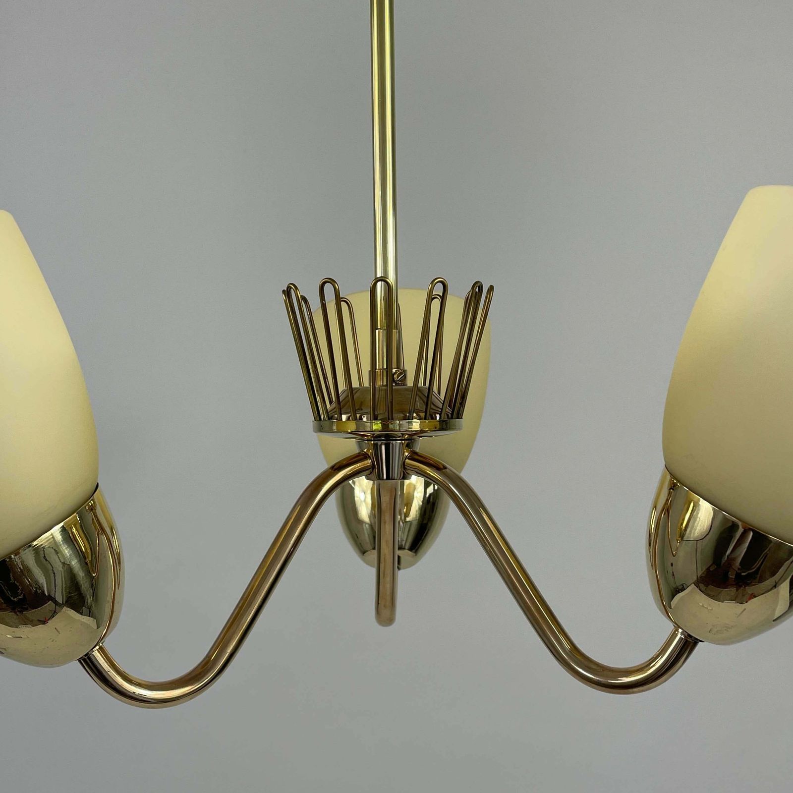 Hans Bergström Brass & Opaline Glass Three Arm Chandelier, Asea, Sweden 1950s photo Lighting