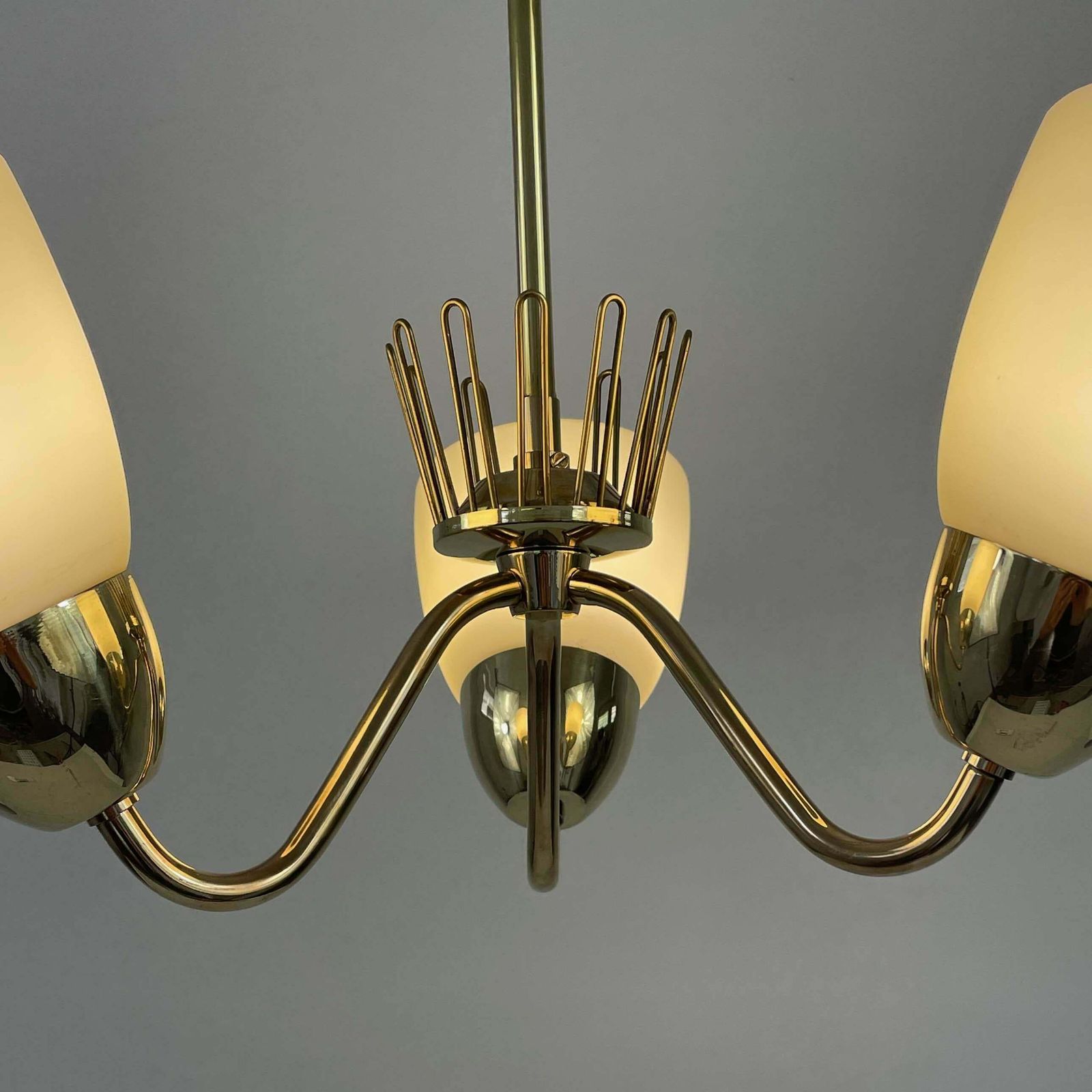 Hans Bergström Brass & Opaline Glass Three Arm Chandelier, Asea, Sweden 1950s photo 2544.0