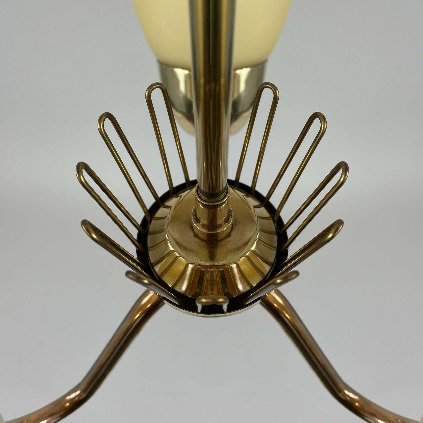 Hans Bergström Brass & Opaline Glass Three Arm Chandelier, Asea, Sweden 1950s photo vinterior