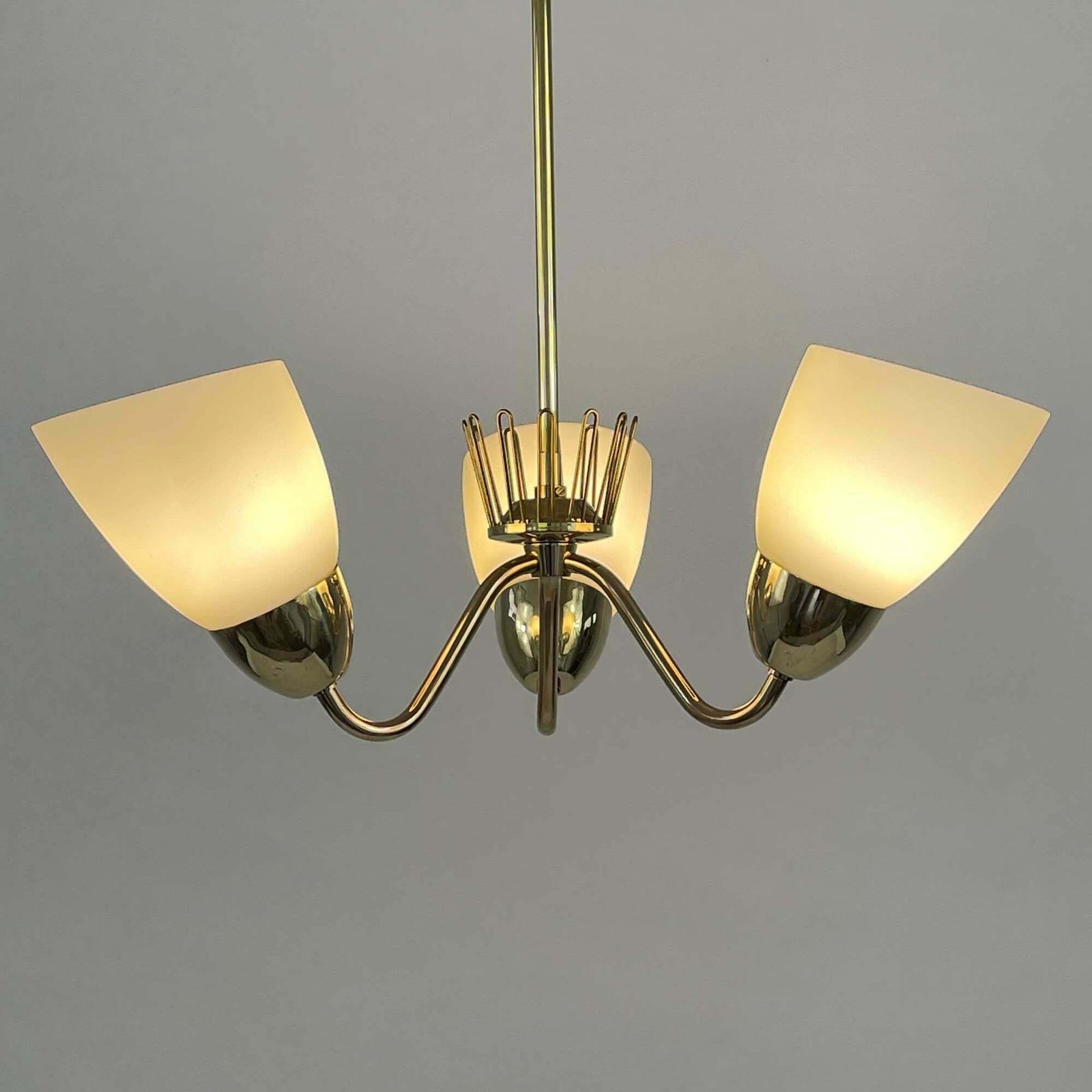 Hans Bergström Brass & Opaline Glass Three Arm Chandelier, Asea, Sweden 1950s photo vintage