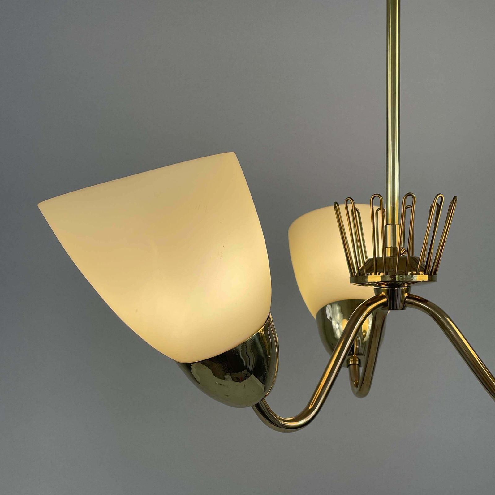 photo for sale Hans Bergström Brass & Opaline Glass Three Arm Chandelier, Asea, Sweden 1950s