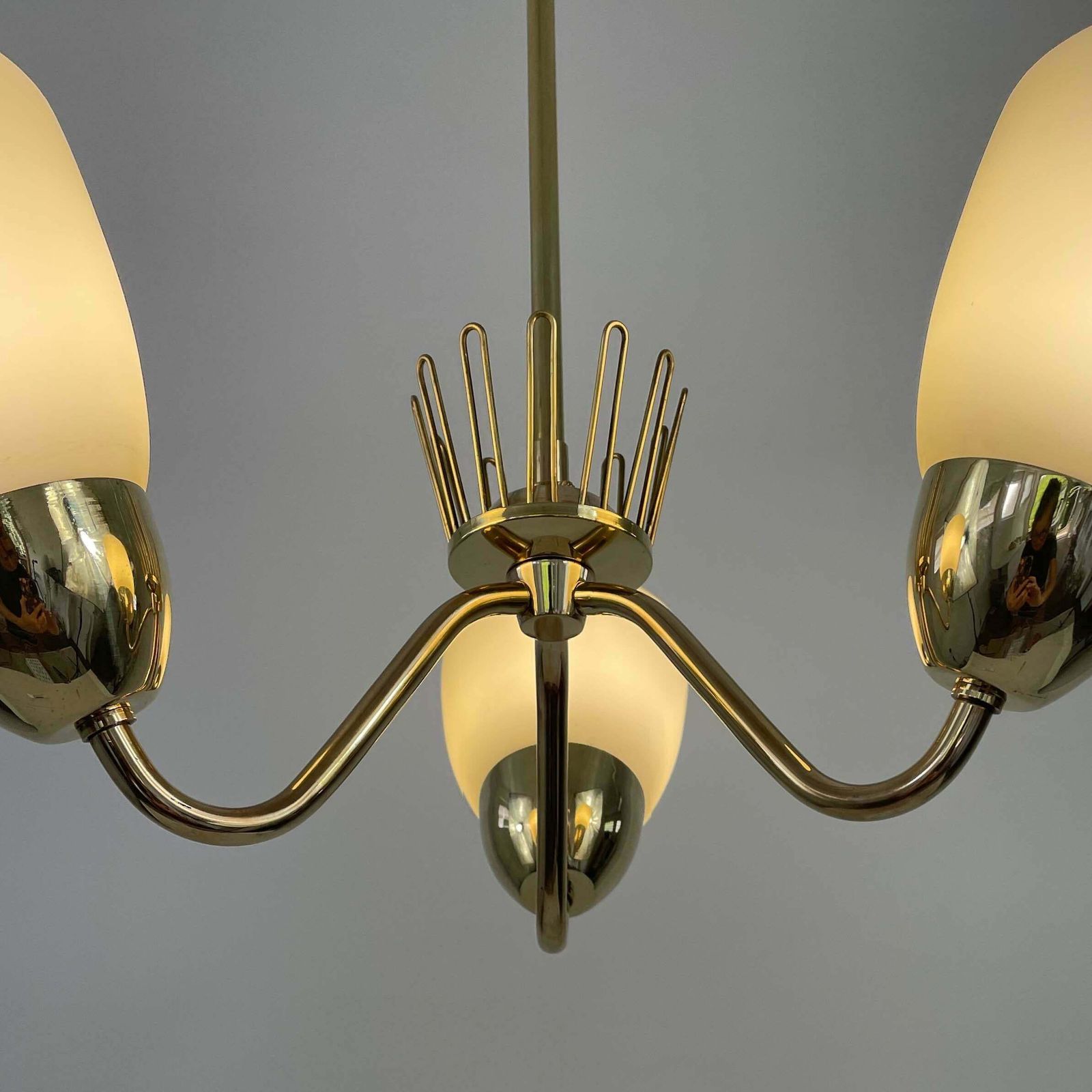 photo buy Hans Bergström Brass & Opaline Glass Three Arm Chandelier, Asea, Sweden 1950s