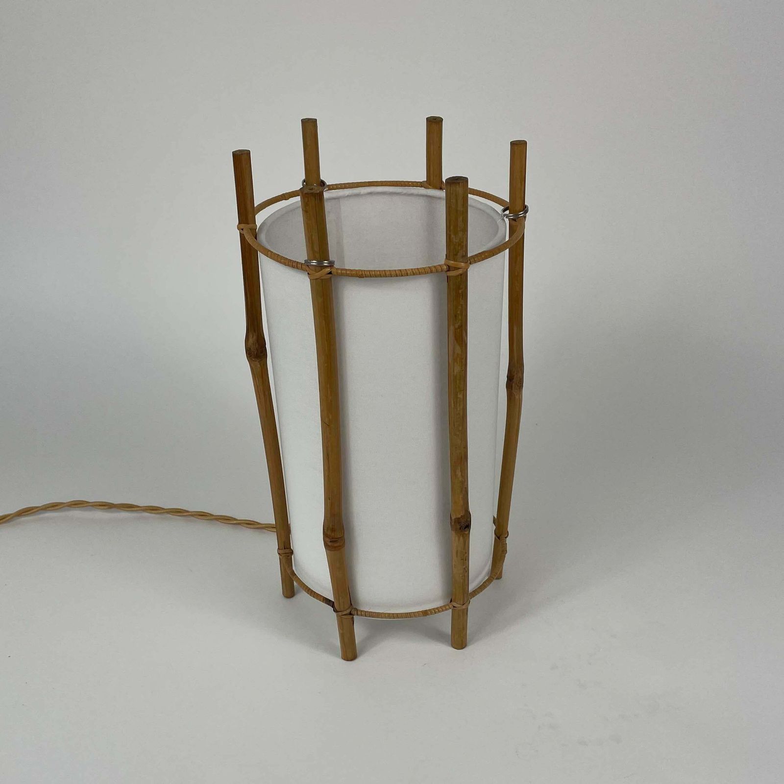 Bamboo & White Linen Table Lamp By Louis Sognot, France 1950s photo Lighting