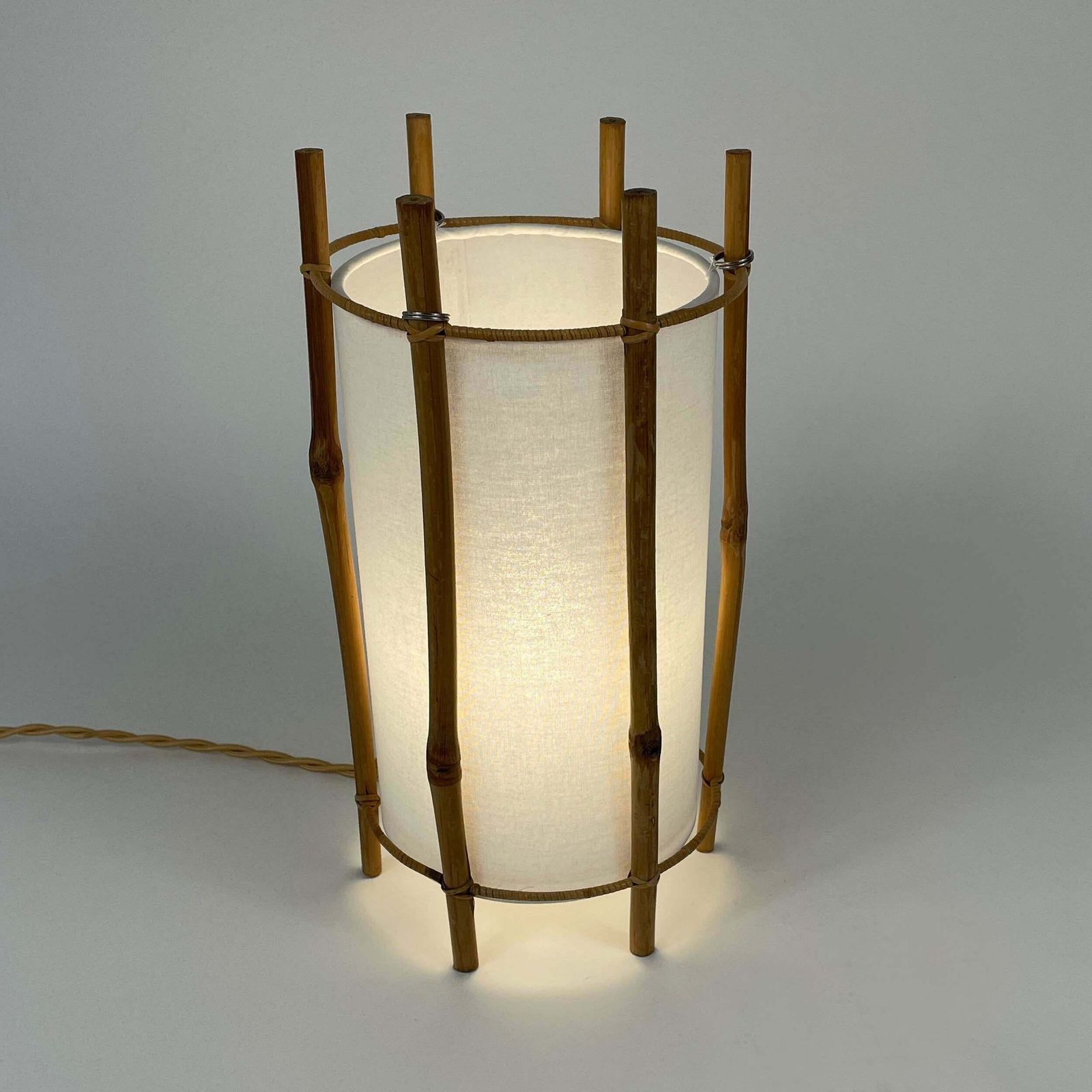 Bamboo & White Linen Table Lamp By Louis Sognot, France 1950s photo 776.0