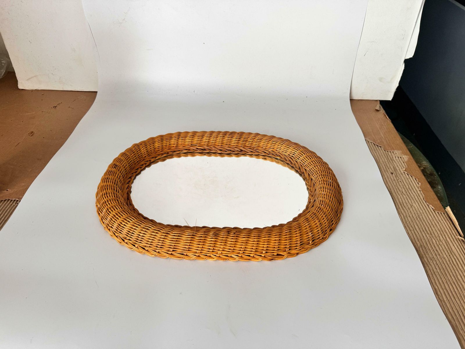 Midcentury French Riviera Rattan And Bamboo Oval Wall Mirror, Italy 1960s photo buy