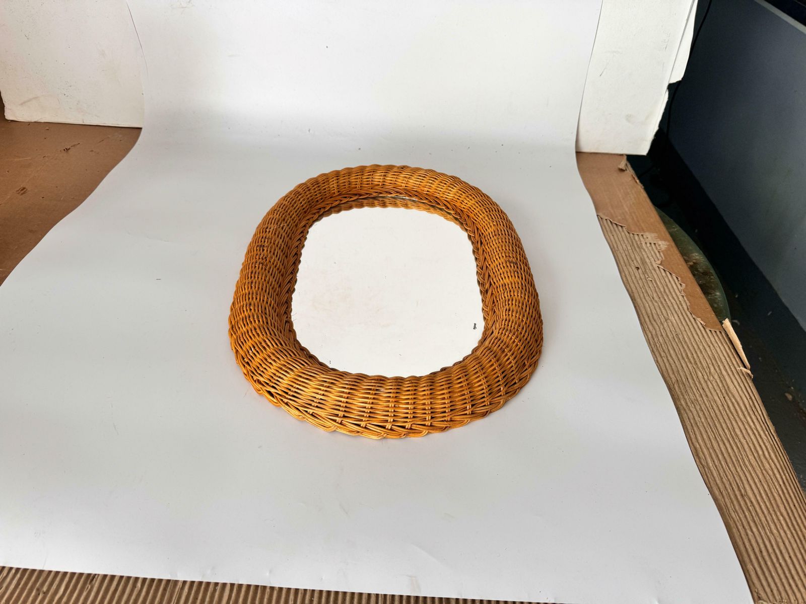 Midcentury French Riviera Rattan And Bamboo Oval Wall Mirror, Italy 1960s photo vintage