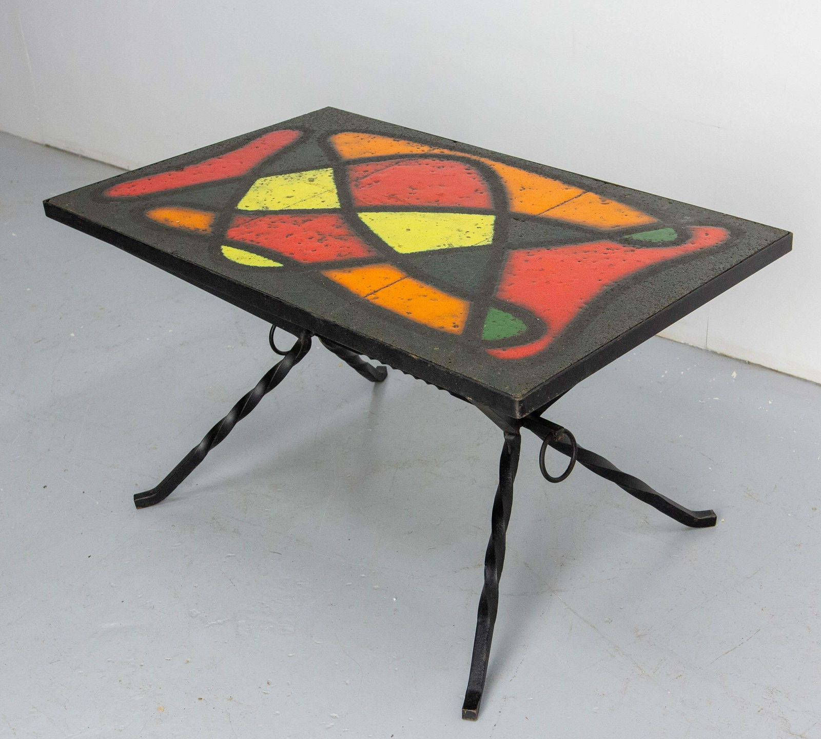 French Coffee Table Wrought Iron & Glazed Ceramics, Circa 1960 photo Furniture