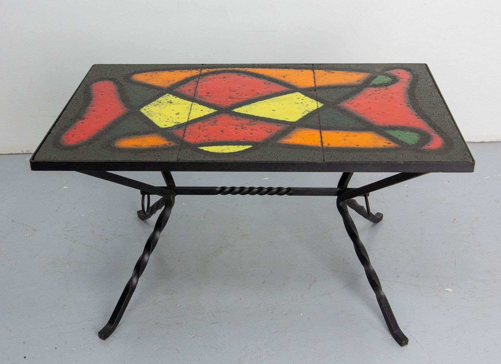 French Coffee Table Wrought Iron & Glazed Ceramics, Circa 1960 photo vinterior