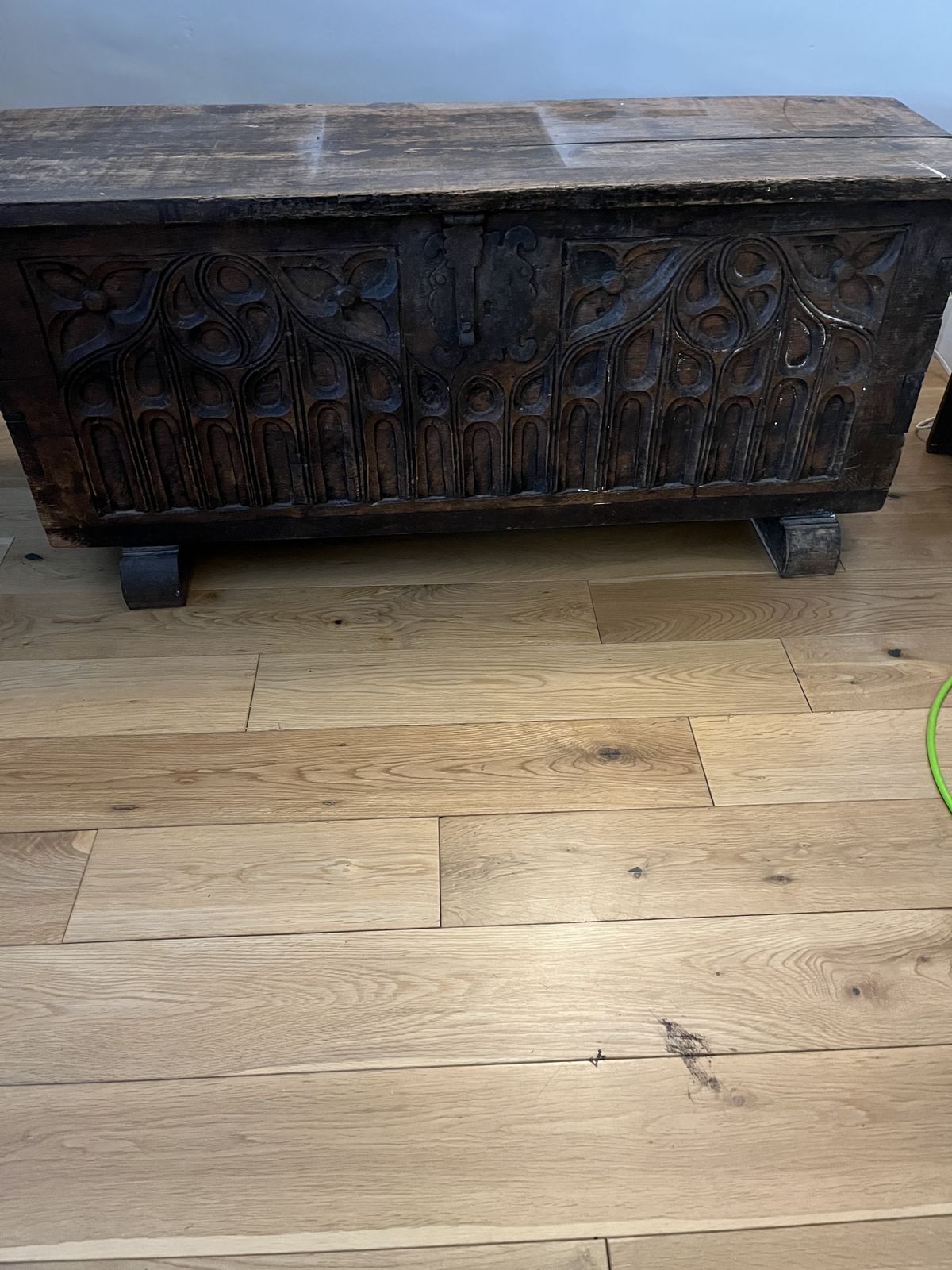 Late 18th Early 19th Century Oak Carved French Coffer. Beautifully Hand Carved Front And Of Solid Construction photo Furniture