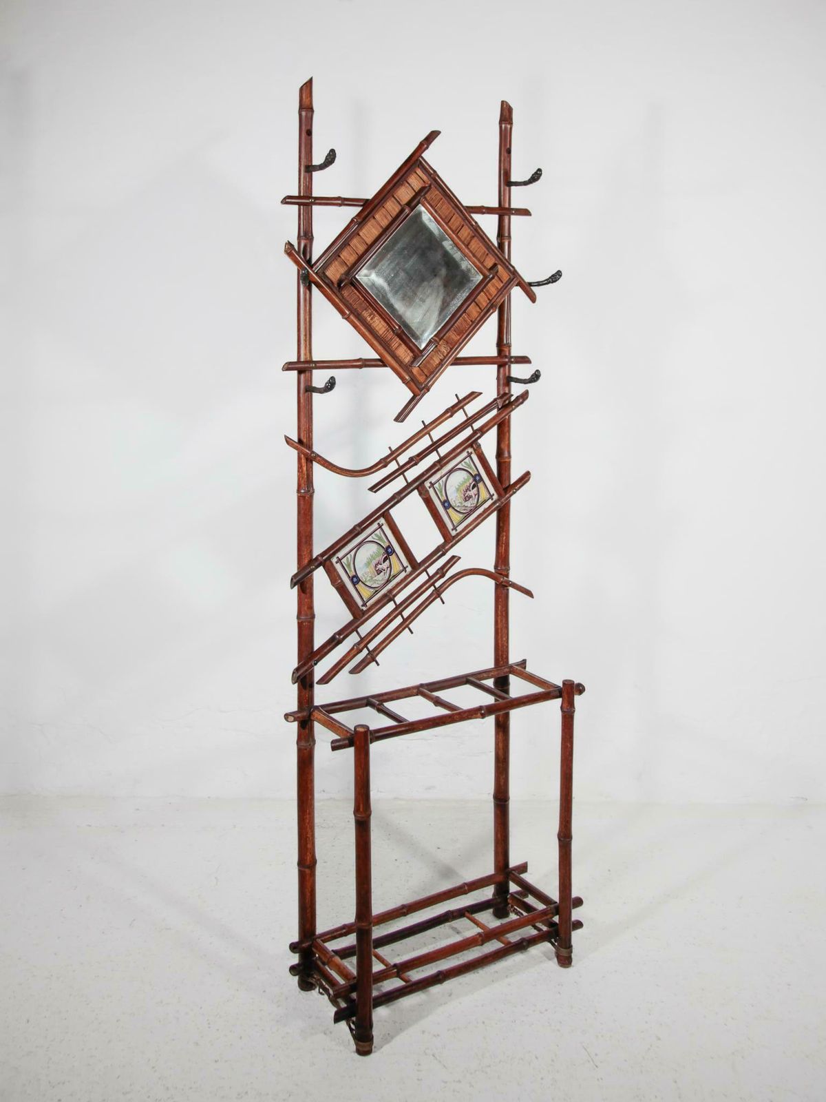 Art Nouveau Bamboo Stand Hall Mirror Coat Rack & Majolica French Folk Art Tiles photo for sale
