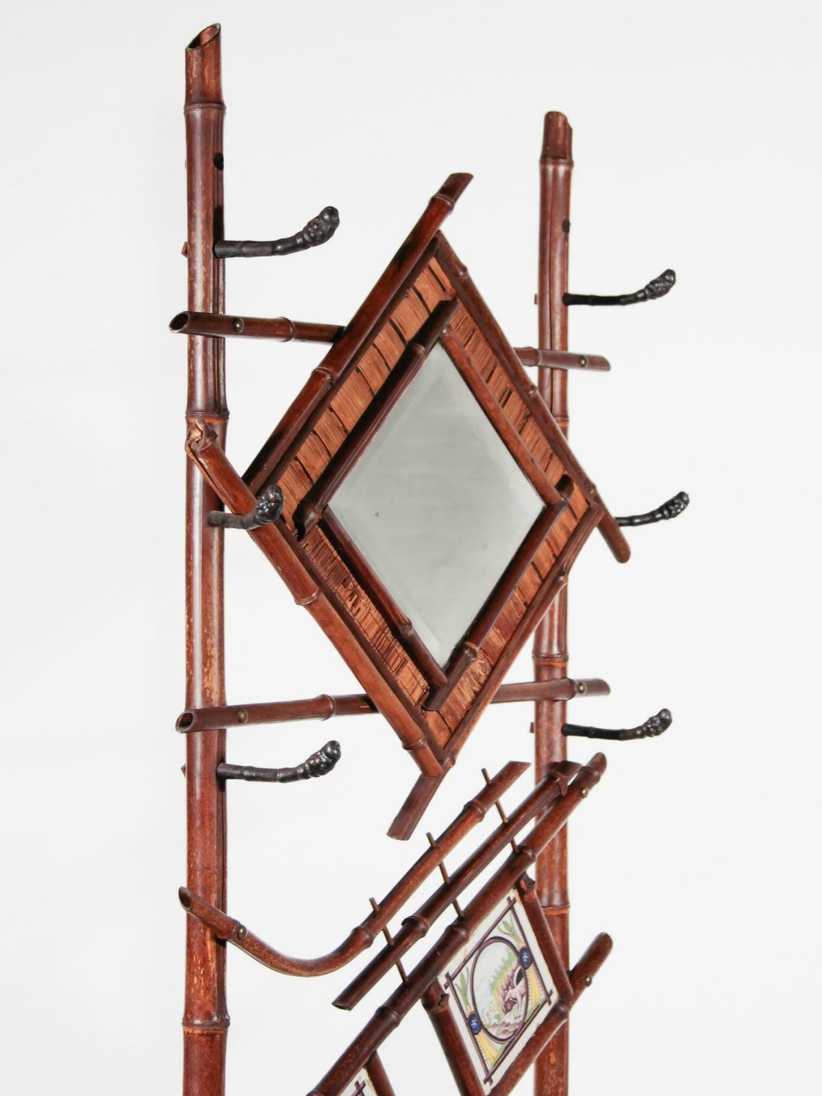 Art Nouveau Bamboo Stand Hall Mirror Coat Rack & Majolica French Folk Art Tiles photo 2031.0