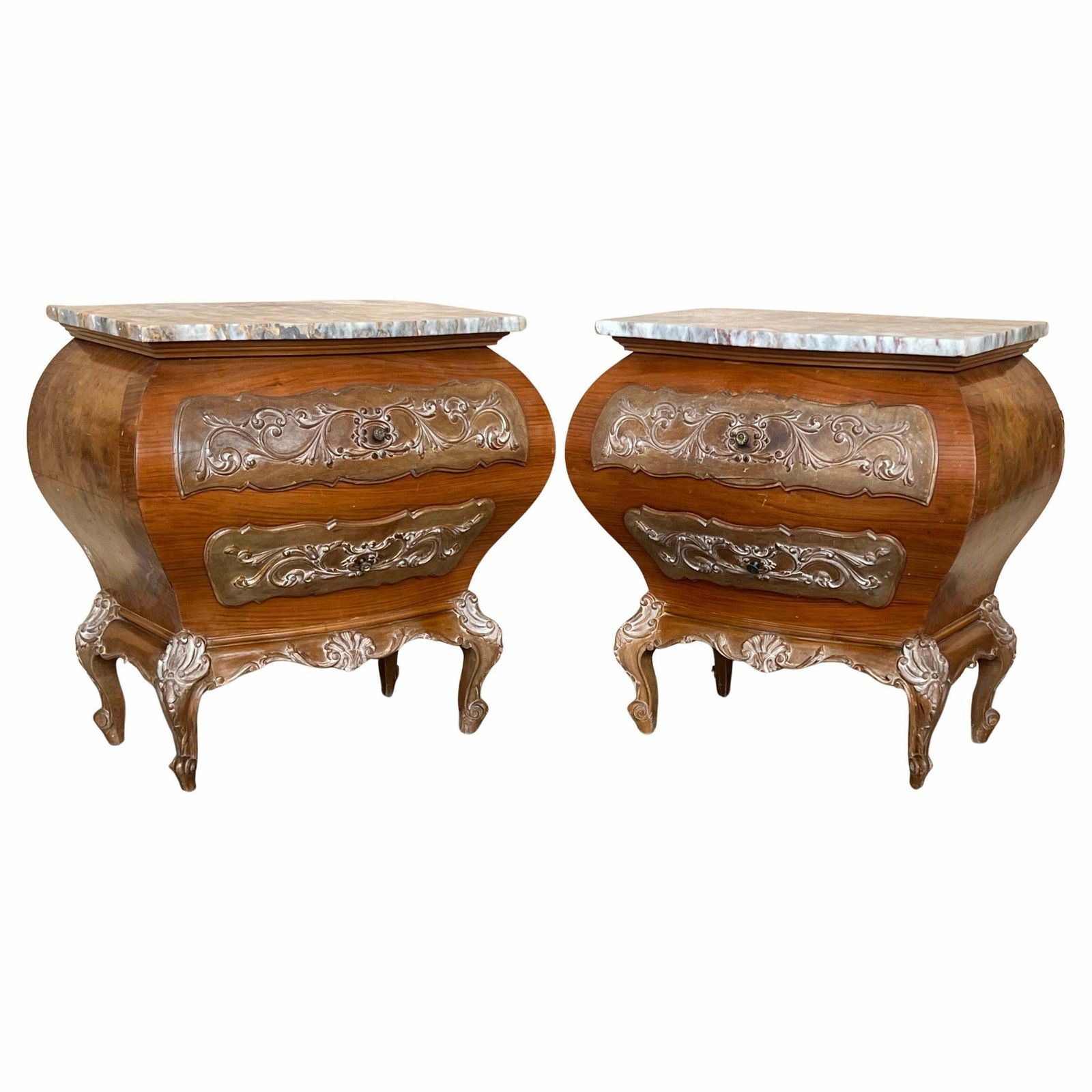Bombé Carved Nightstands With Three Drawers And Marble Top, Mariano Garcia