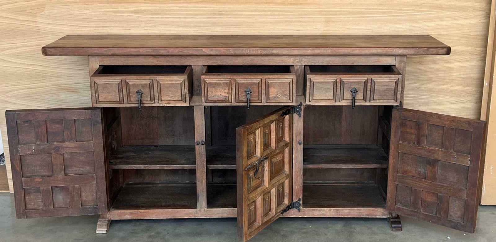 photo furniture 19th Spanish Baroque Carved Walnut Tuscan Three Drawer Credenza Or Buffet
