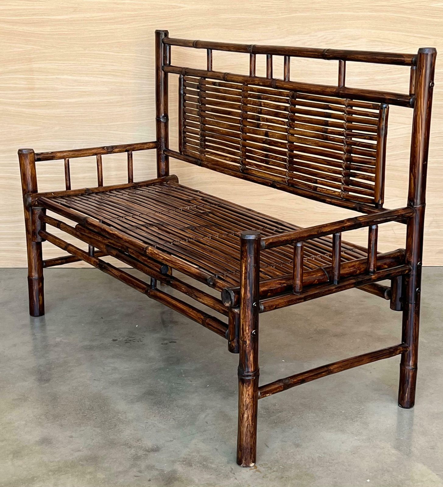 High Backrest Bamboo Bench With Leather Ligatures In Style Of Edizioni Molto photo 2183.0