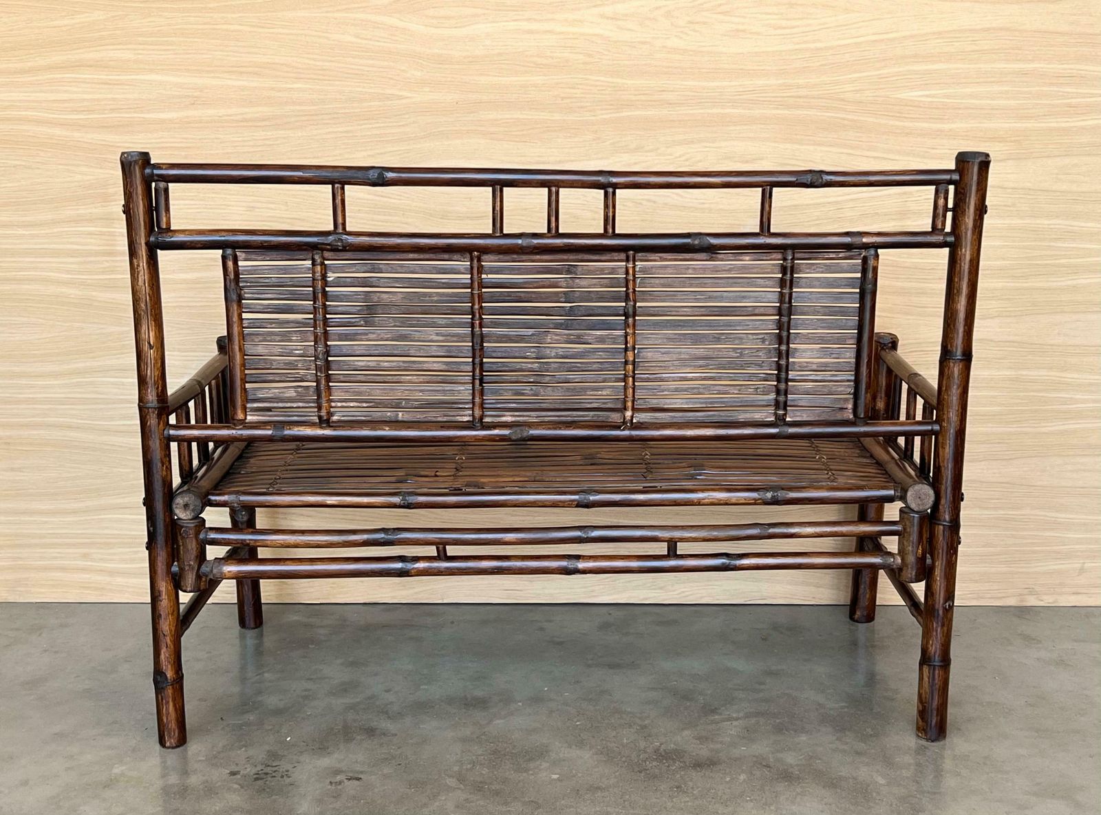 High Backrest Bamboo Bench With Leather Ligatures In Style Of Edizioni Molto photo vintage