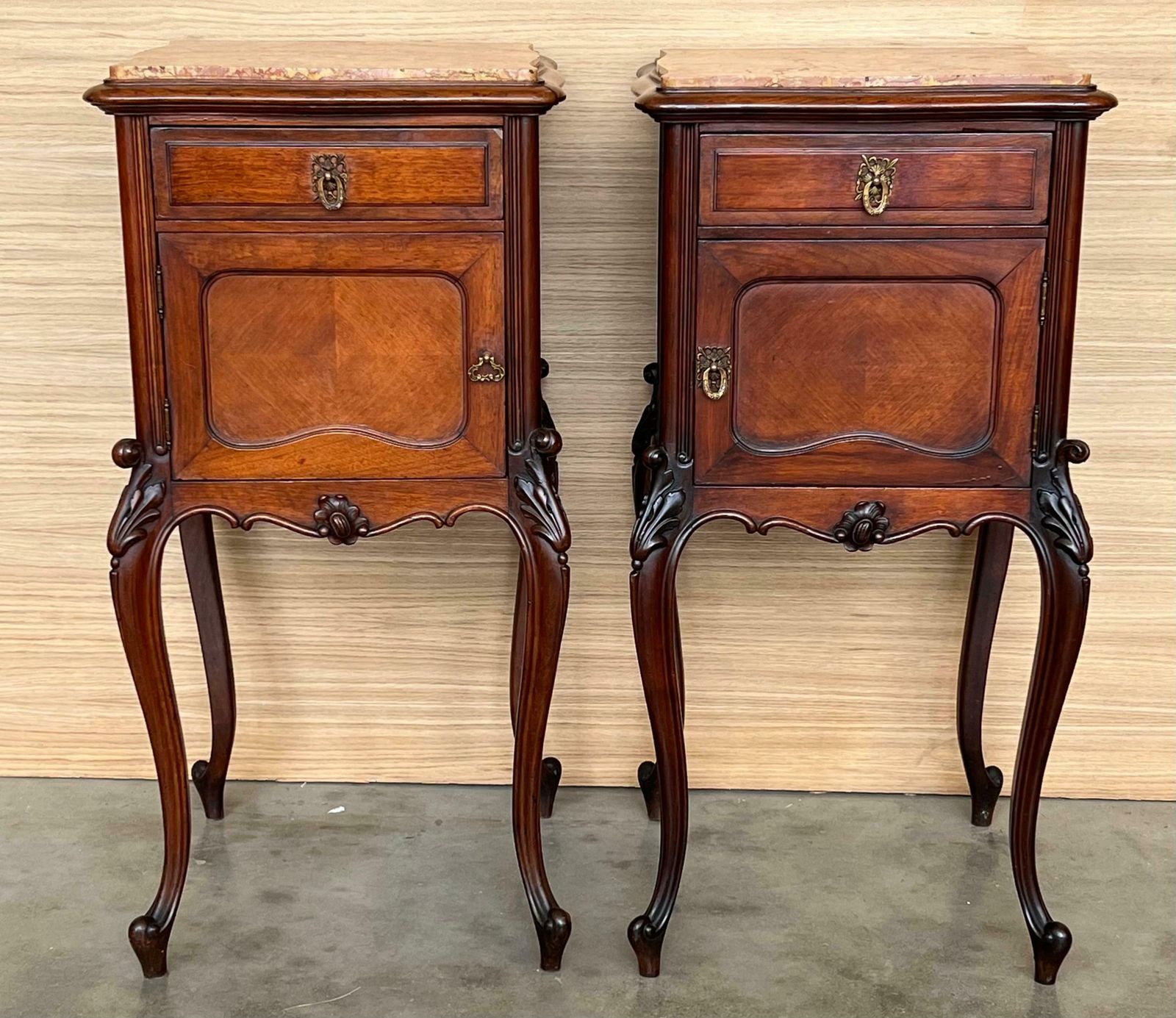 Louis XV Style Walnut Nightstands With Marble Top, 1930s, Set Of 2 photo furniture