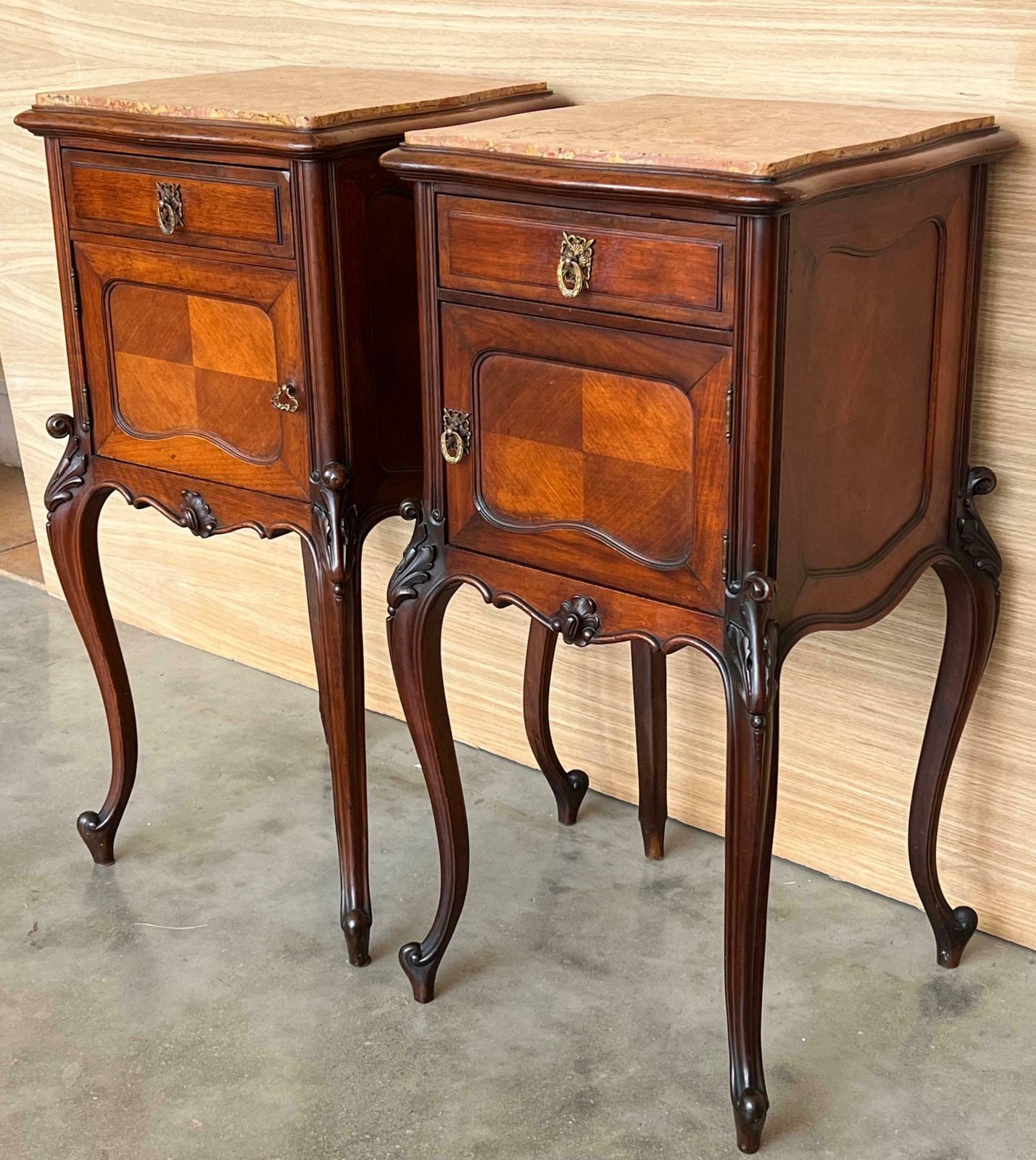Louis XV Style Walnut Nightstands With Marble Top, 1930s, Set Of 2 photo 2745.0