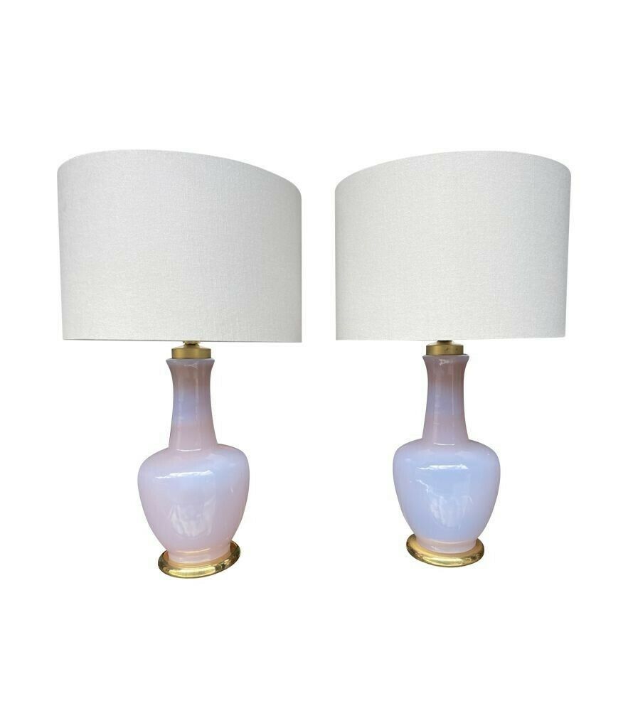 photo for sale A Pair Of Lavender Opaline Murano Glass Lamps By Cenedese