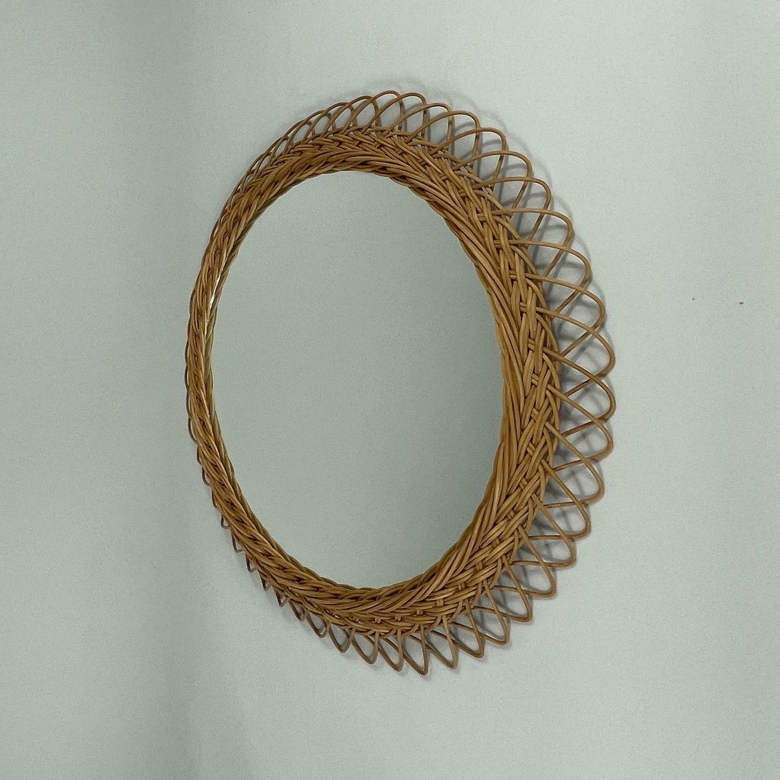 Round Rattan Hand Woven Wall Mirror, Sweden 1950s photo 689.0