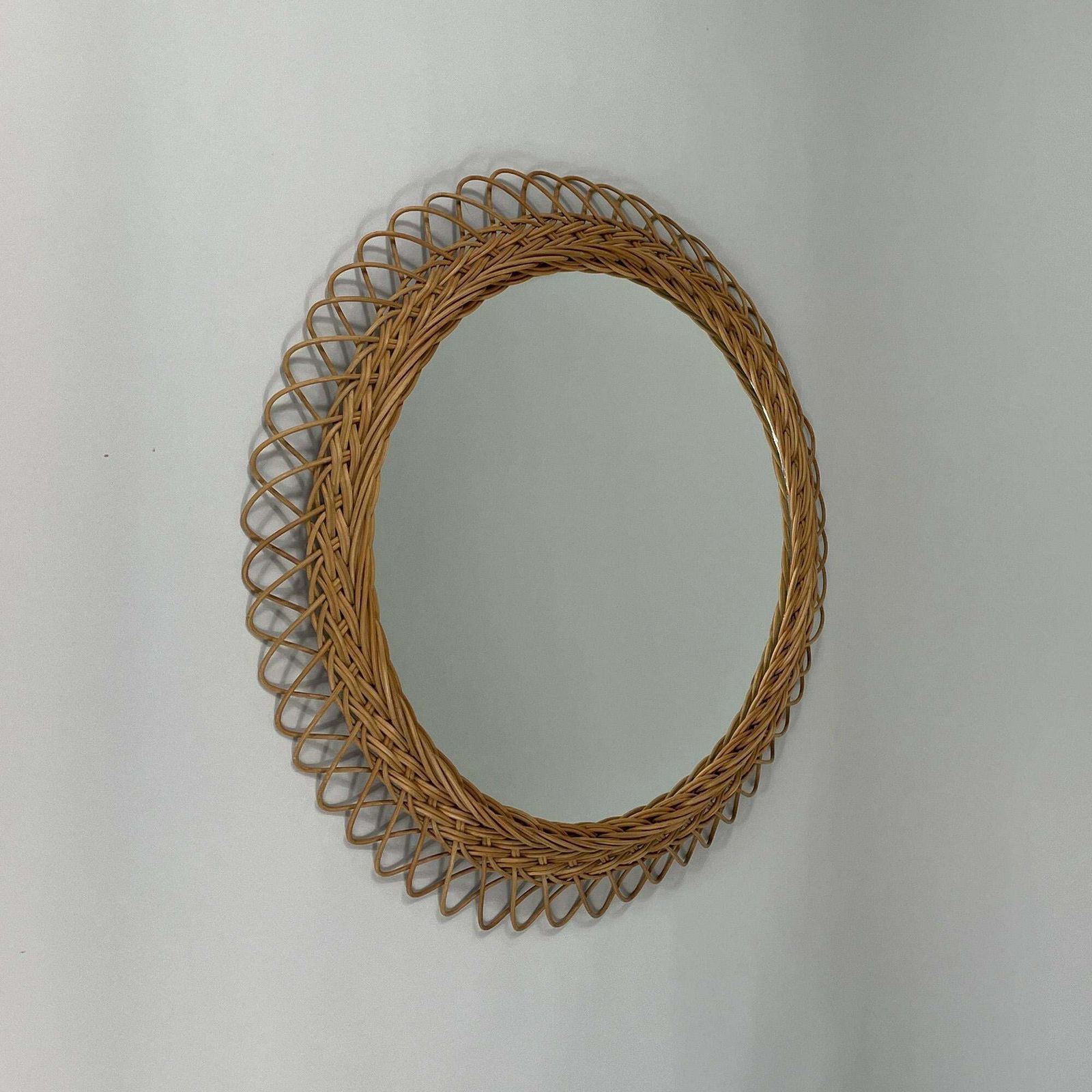 Round Rattan Hand Woven Wall Mirror, Sweden 1950s photo vinterior